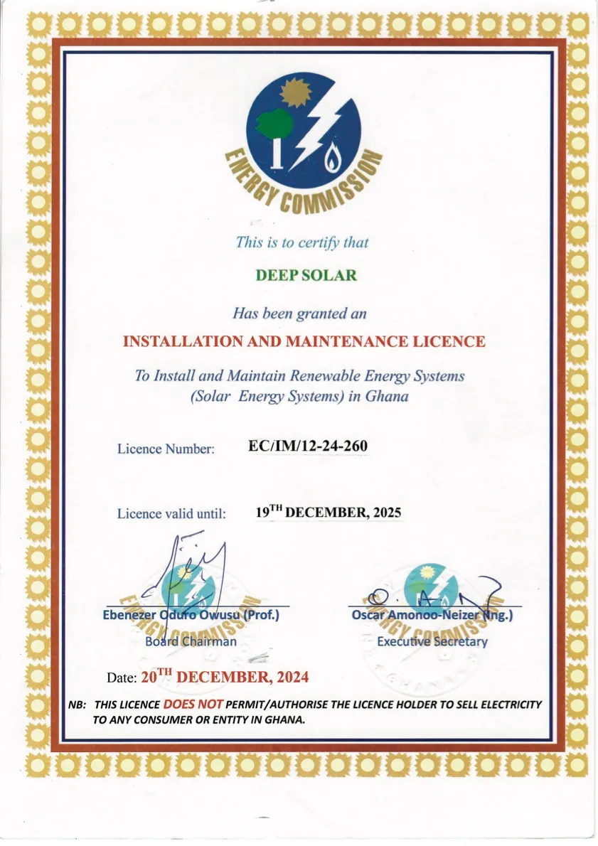 Energy Commission of Ghana licence EC-ISM/12-24-260 issued to Deep Solar