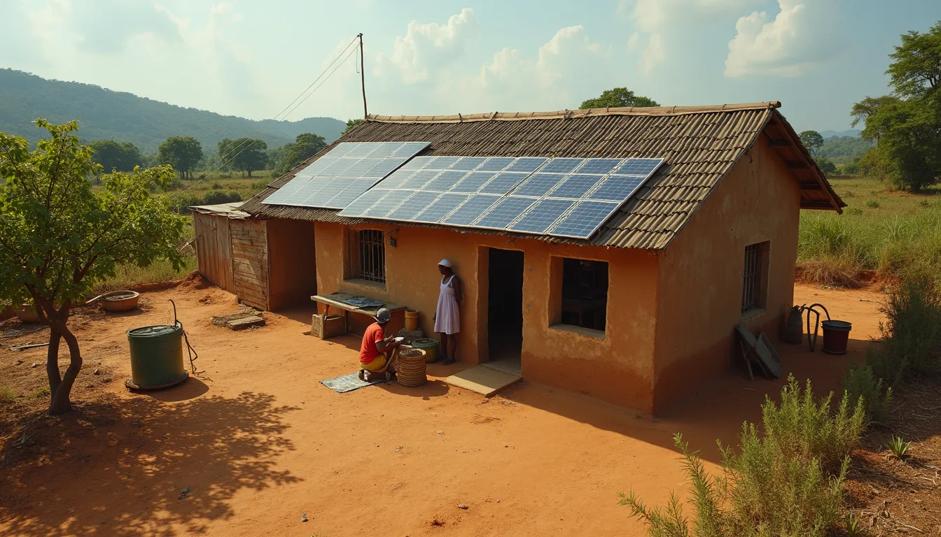 High angle view of a solar-powered small business in a rural Ghanaian community